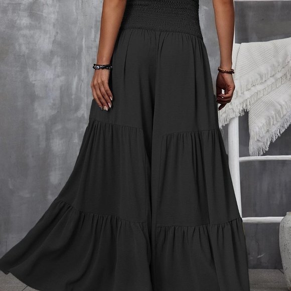 Black Boho Womens Shirred Waist Tie Front Ruffle Hem Wide Leg Pants - Picture 3 of 5